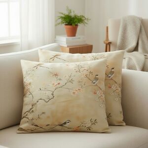 Set of 2 Cherry Blossom Bird Pillow Covers 17 x 17 Chinoiserie Floral Throw Case